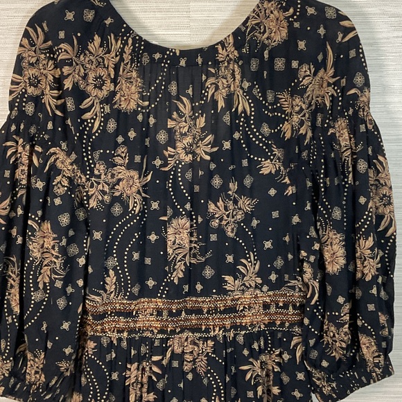 Free People Golden Hour Smocked Bodice Cotton Maxi Dress Black Combo Brown Med - Picture 13 of 15